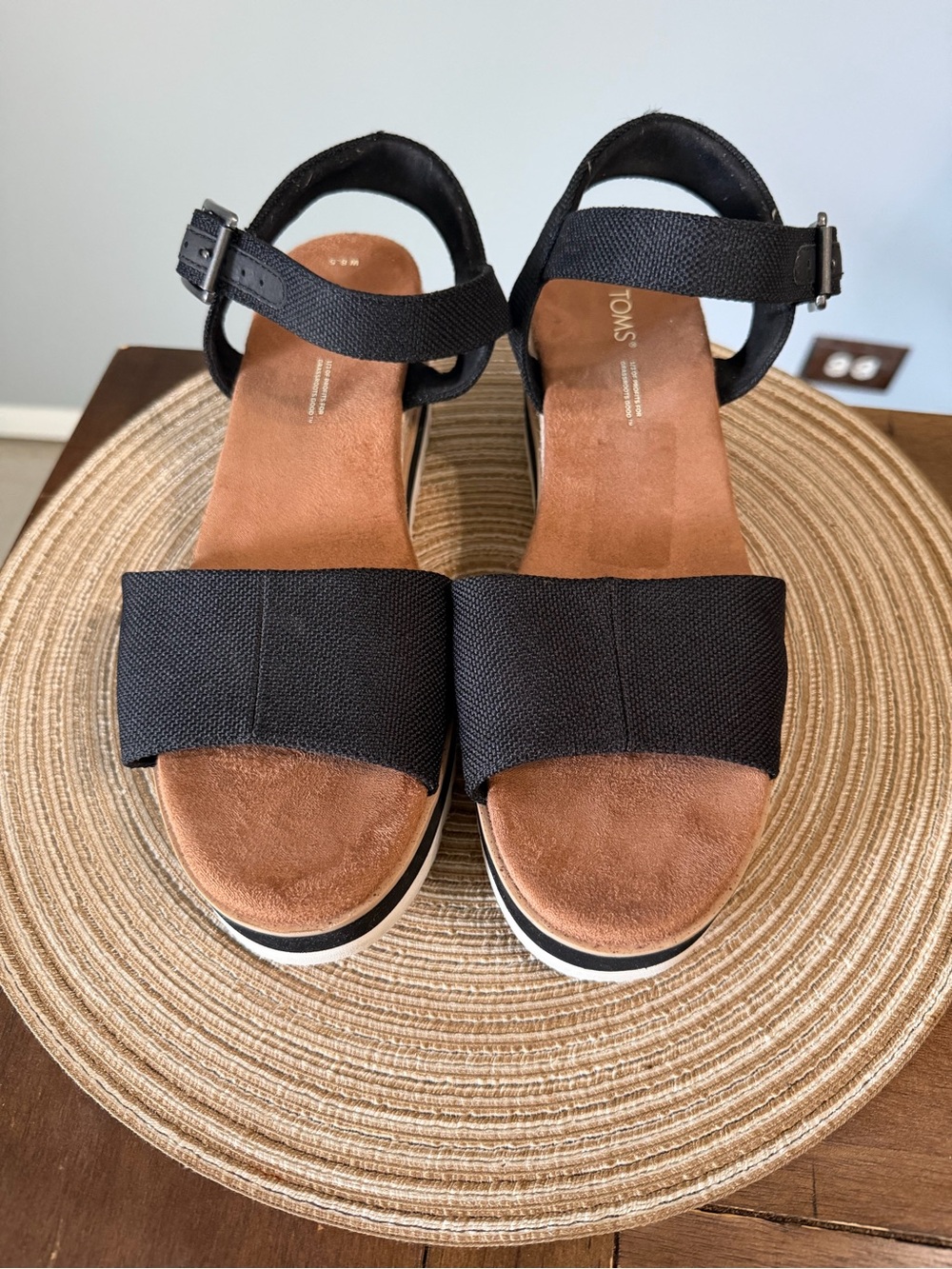 TOMS Black Wide Strap Platform Sandals with Ankle Buckle